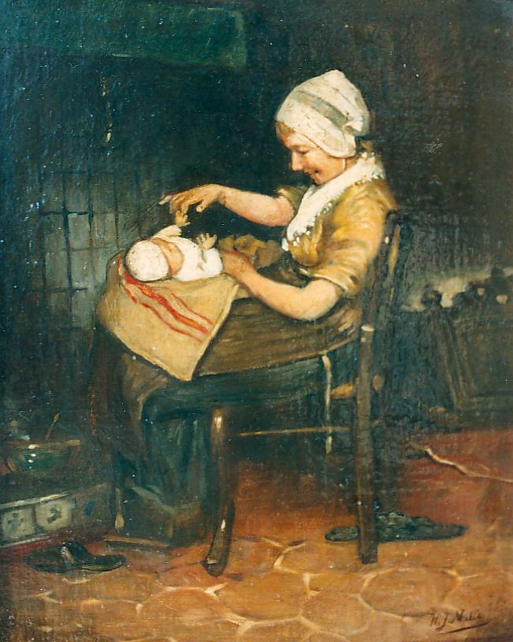 Mélis H.J.  | Henricus Joannes Mélis, Spelen met de baby, olieverf op doek 34,5 x 28,5 cm, gesigneerd linksonder