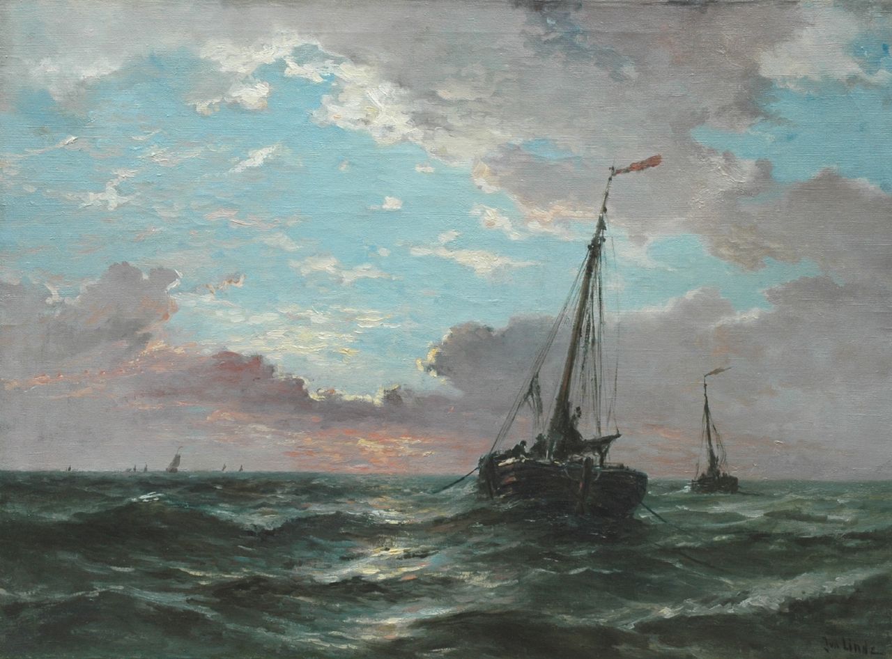 Linde J. van der | Jan van der Linde, Twee botters op volle zee, olieverf op doek 74,6 x 100,8 cm, gesigneerd rechtsonder