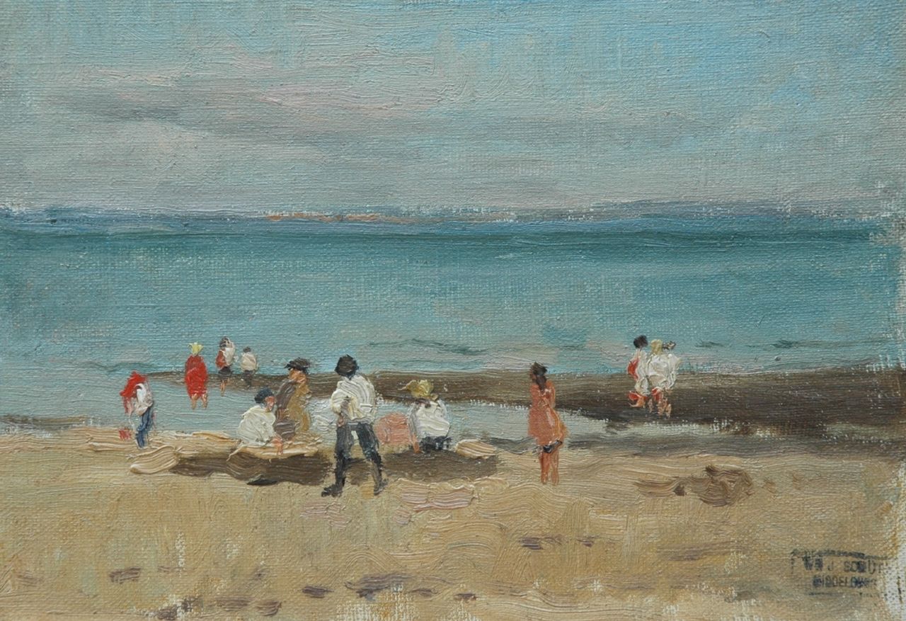 Schütz W.J.  | Willem Johannes Schütz, Spelende kinderen op het strand, olieverf op doek 18,0 x 25,7 cm