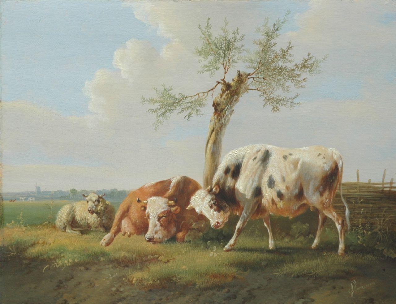 Verhoesen A.  | Albertus Verhoesen, Stier, koe en schaap in zomers weidelandschap, olieverf op paneel 24,5 x 31,9 cm, gesigneerd rechtsonder