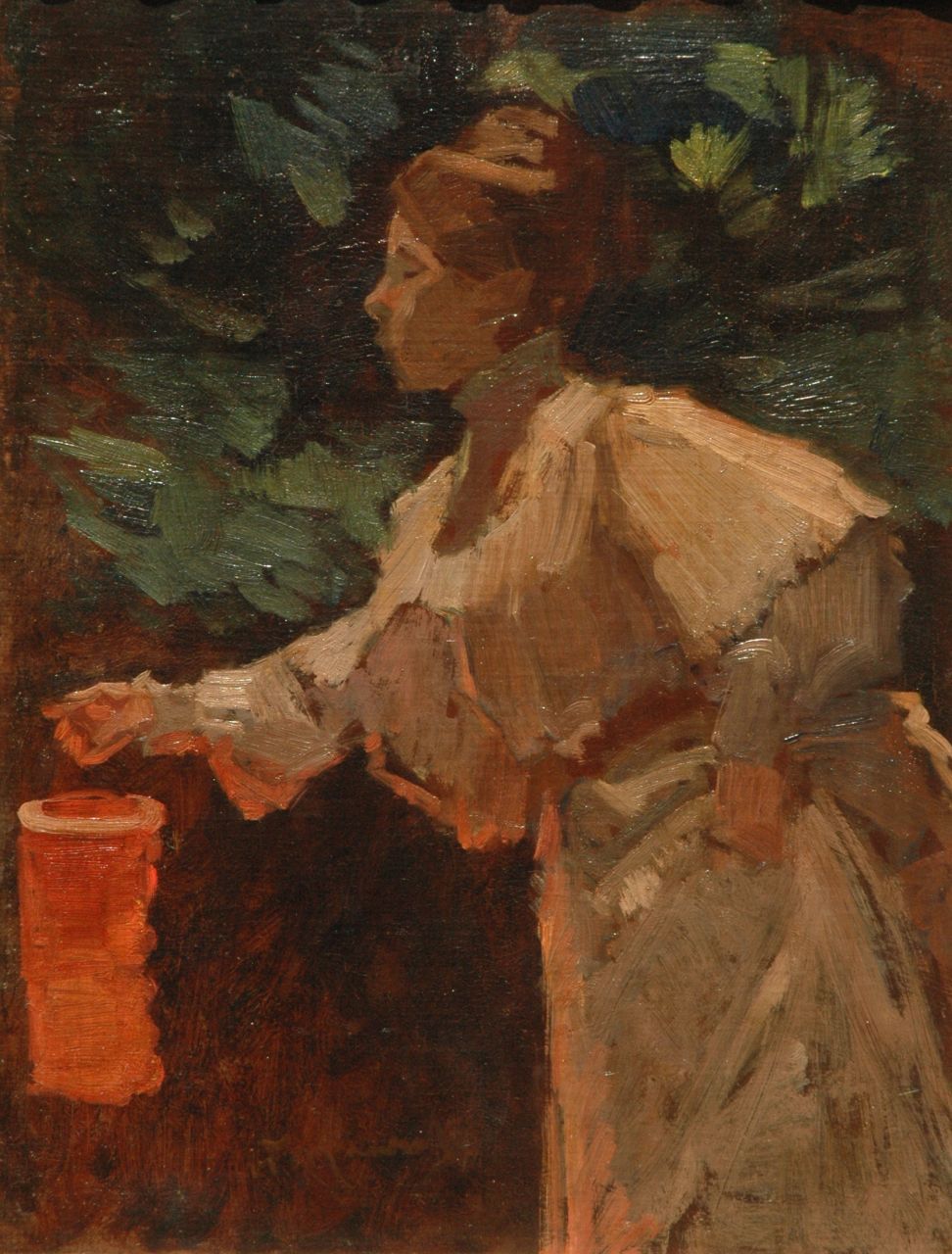 Maarel M. van der | Marinus van der Maarel, Vrouw met lampion, olieverf op doek op paneel 40,5 x 31,3 cm, gesigneerd linksonder