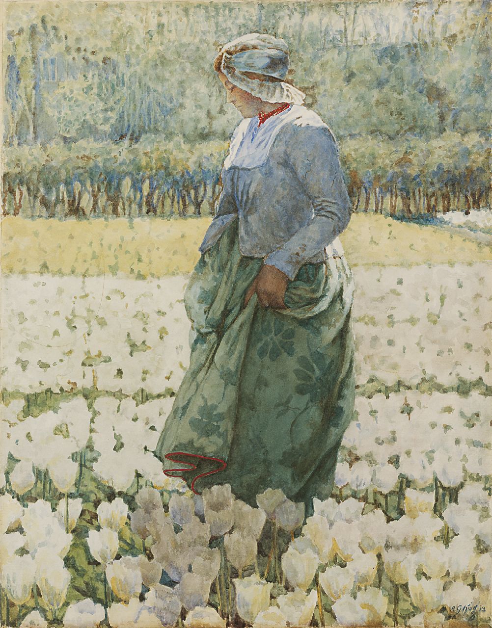 Agnes Gardner King | In het tulpenveld, aquarel op papier, 47,4 x 37,3 cm, gesigneerd r.o. en gedateerd '13