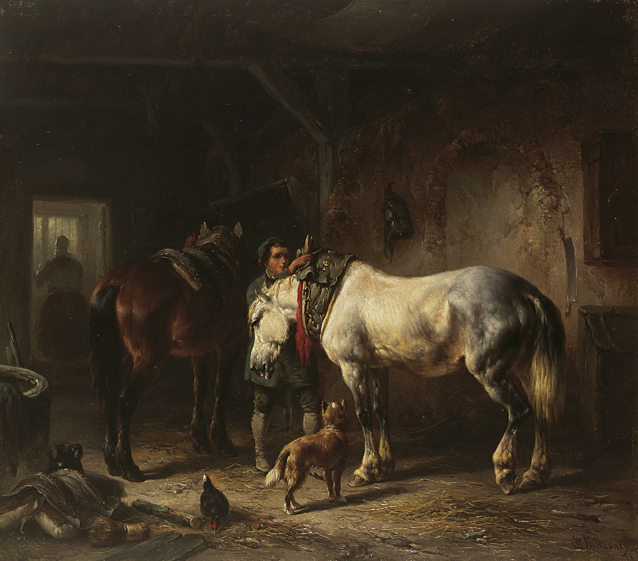 Verschuur W.  | Wouterus Verschuur, Het zadelen van de paarden, olieverf op paneel 29,6 x 34,0 cm, gesigneerd rechtsonder