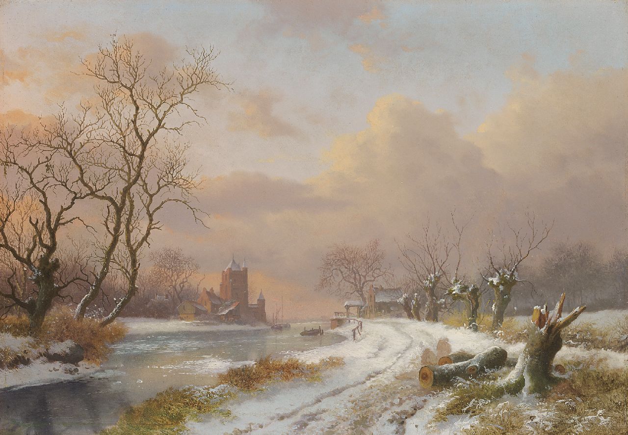 Kruseman F.M.  | Frederik Marinus Kruseman, Wijde rivierbocht in de winter met de Haarlemse Spaarnwouder Poort, olieverf op paneel 27,9 x 40,2 cm