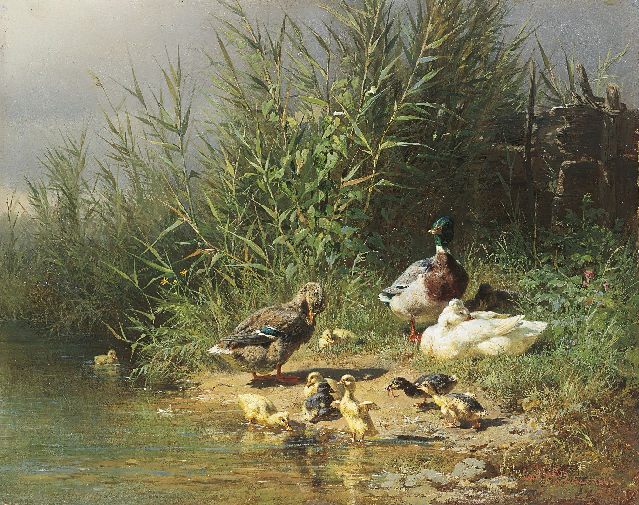 Carl Jutz | Eendenfamilie aan de waterkant, olieverf op schildersboard, 22,8 x 29,0 cm, gesigneerd r.o. en gedateerd 'München 1863'