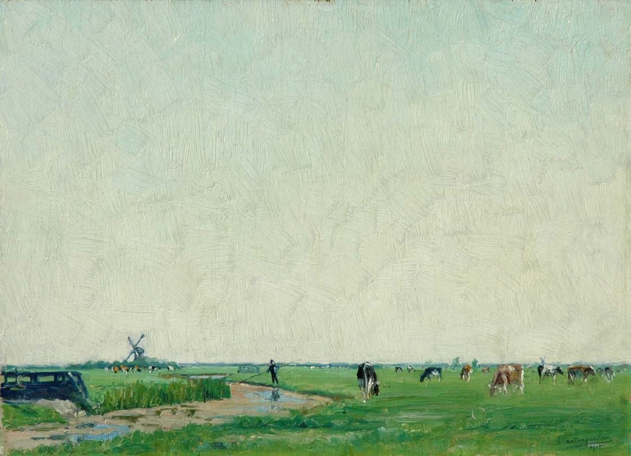 Tongerloo F. van | Frans van Tongerloo, Weids polderlandschap met vee, olieverf op paneel 25,1 x 35,2 cm, gesigneerd rechtsonder en gedateerd 1915