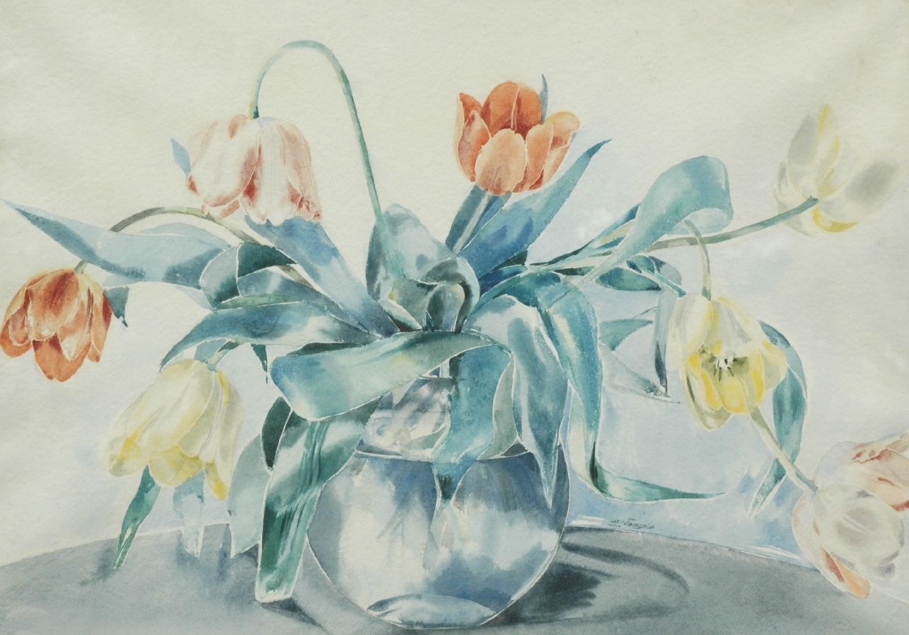 Naegele A.  | Alfred Naegele, Bloemstilleven met tulpen   (veilen), aquarel op papier 44,0 x 54,0 cm