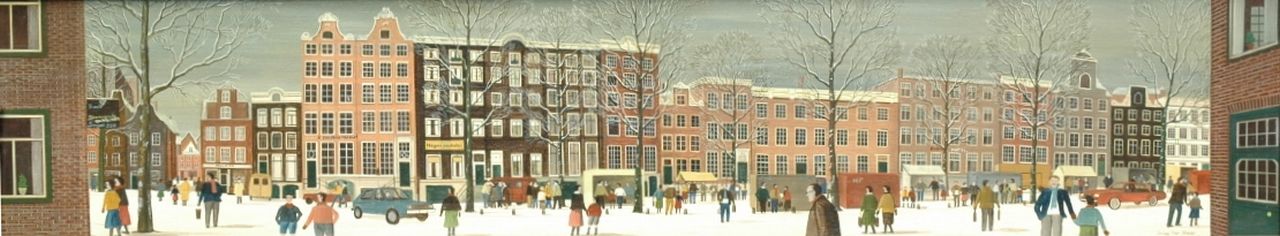 Haar J.E. ter | Jacob Everard 'Jaap' ter Haar, De postzegelmarkt op de Nieuwezijds Voorburgwal in Amsterdam, olieverf op paneel 30,1 x 149,5 cm, gesigneerd rechtsonder