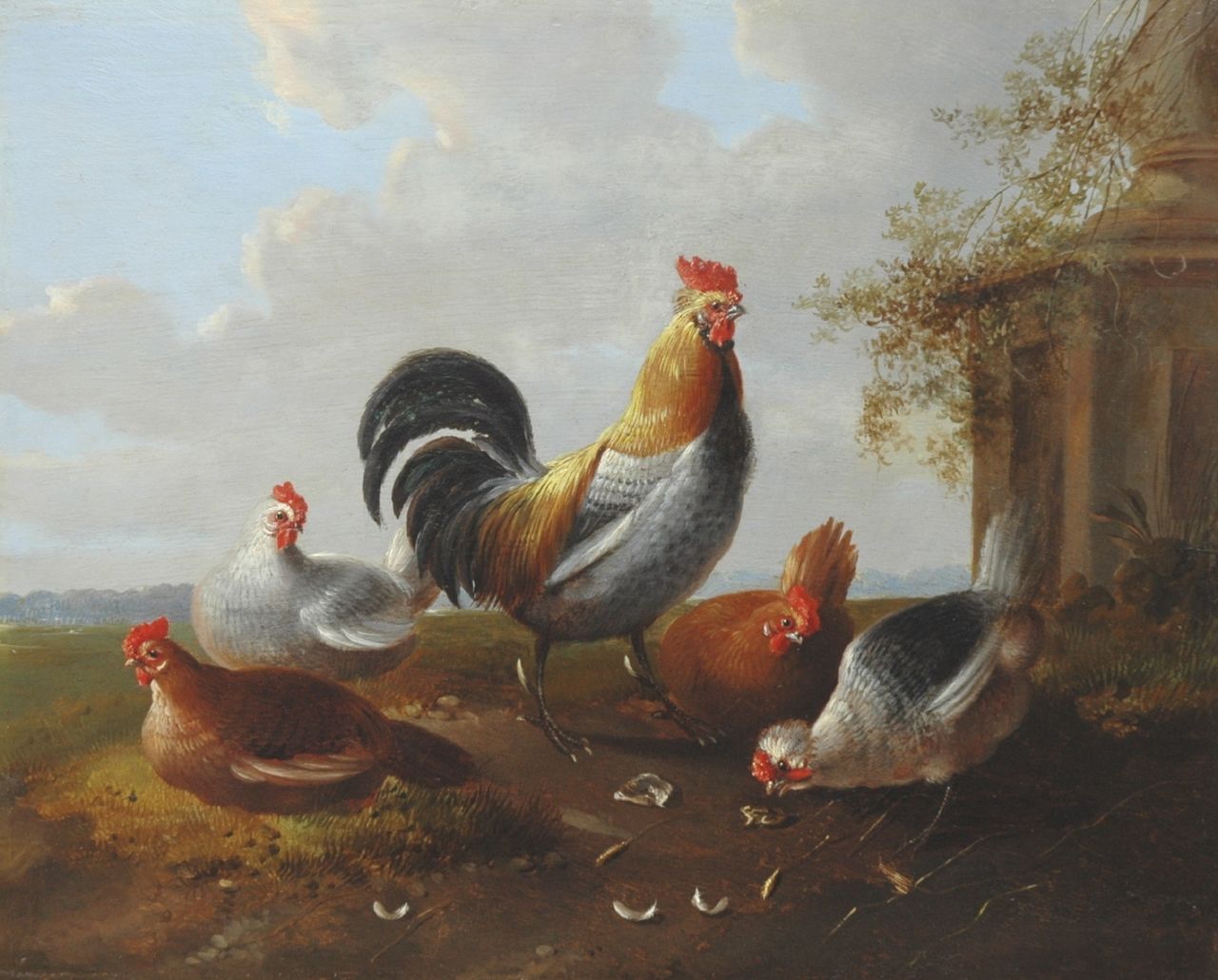 Verhoesen A.  | Albertus Verhoesen, Sierkippen en een haan, olieverf op paneel 22,4 x 27,8 cm, gesigneerd middenonder