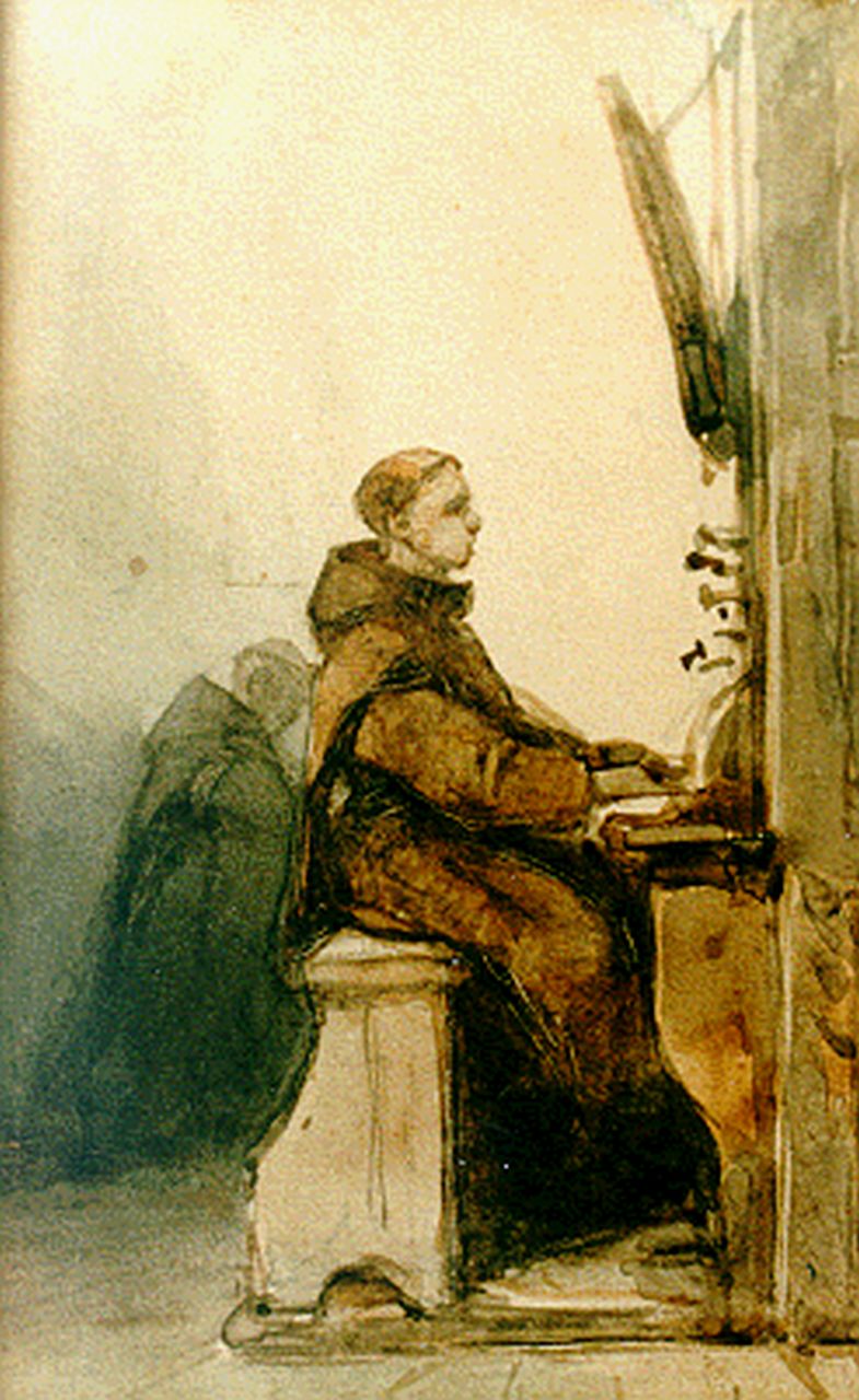 Bosboom J.  | Johannes Bosboom, De organist, aquarel op papier 13,8 x 8,4 cm, gesigneerd rechtsonder