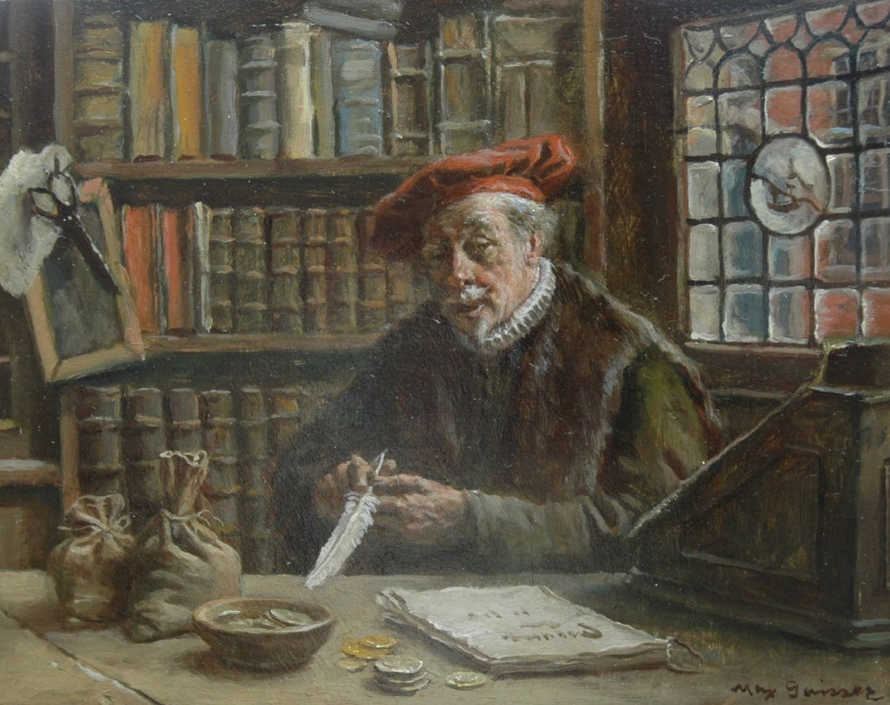 Gaisser M.  | Max Gaisser, De geldwisselaar, olieverf op paneel 14,3 x 18,1 cm, gesigneerd rechtsonder