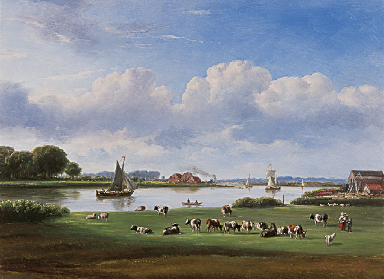 Ravenswaay J. van | Jan van Ravenswaay, Rivierlandschap met vee, olieverf op paneel 29,3 x 39,8 cm, gesigneerd rechtsonder en gedateerd 1861