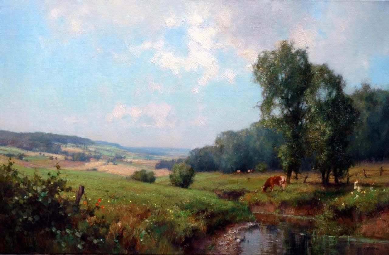 Holtrup J.  | Jan Holtrup, Zomers heuvellandschap met een beek, olieverf op doek 39,8 x 60,0 cm, gesigneerd rechtsonder