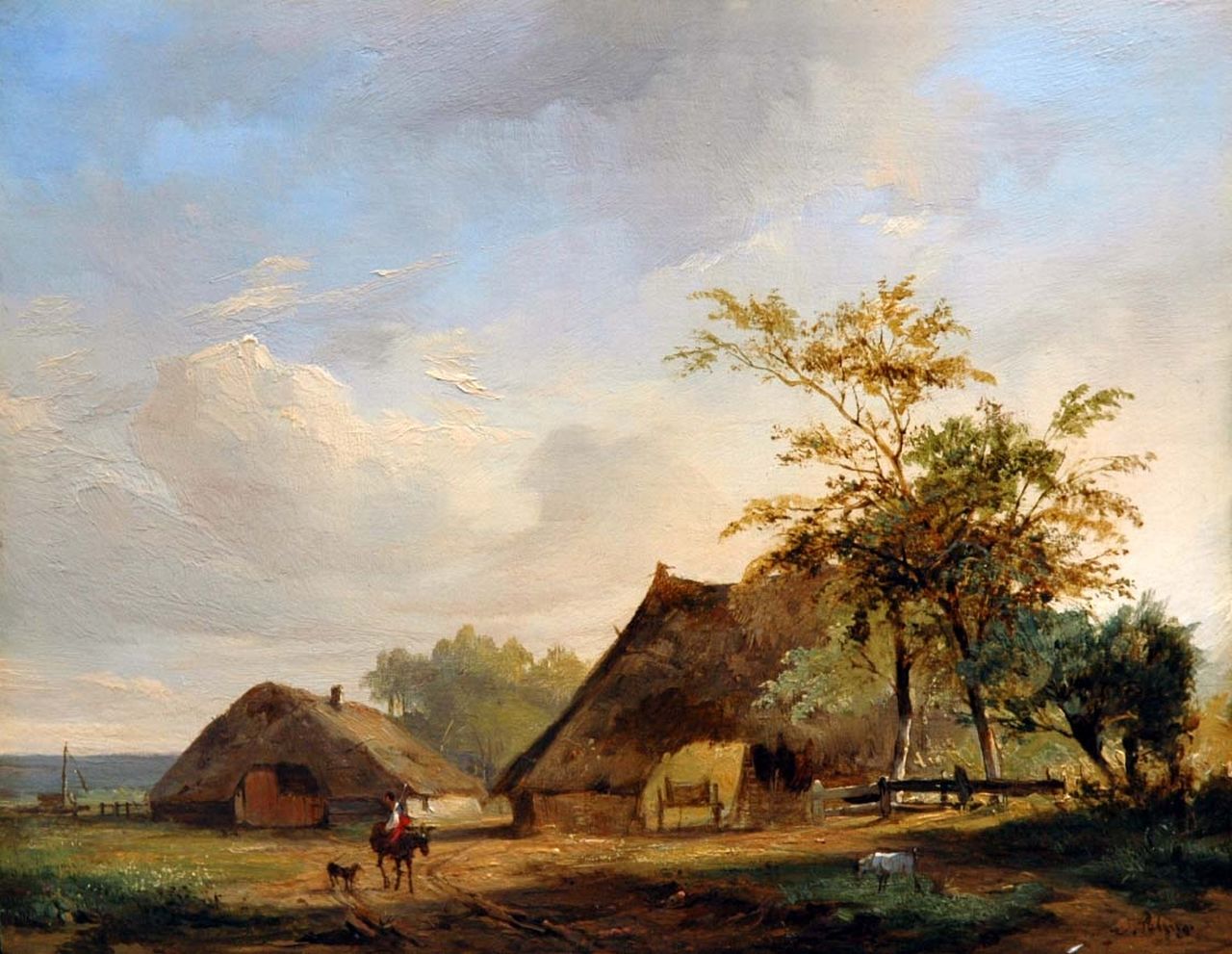 Pelgrom J.  | Jacobus Pelgrom, Boerenerf met vrouw op een muildier, olieverf op paneel 19,9 x 25,4 cm, gesigneerd rechtsonder