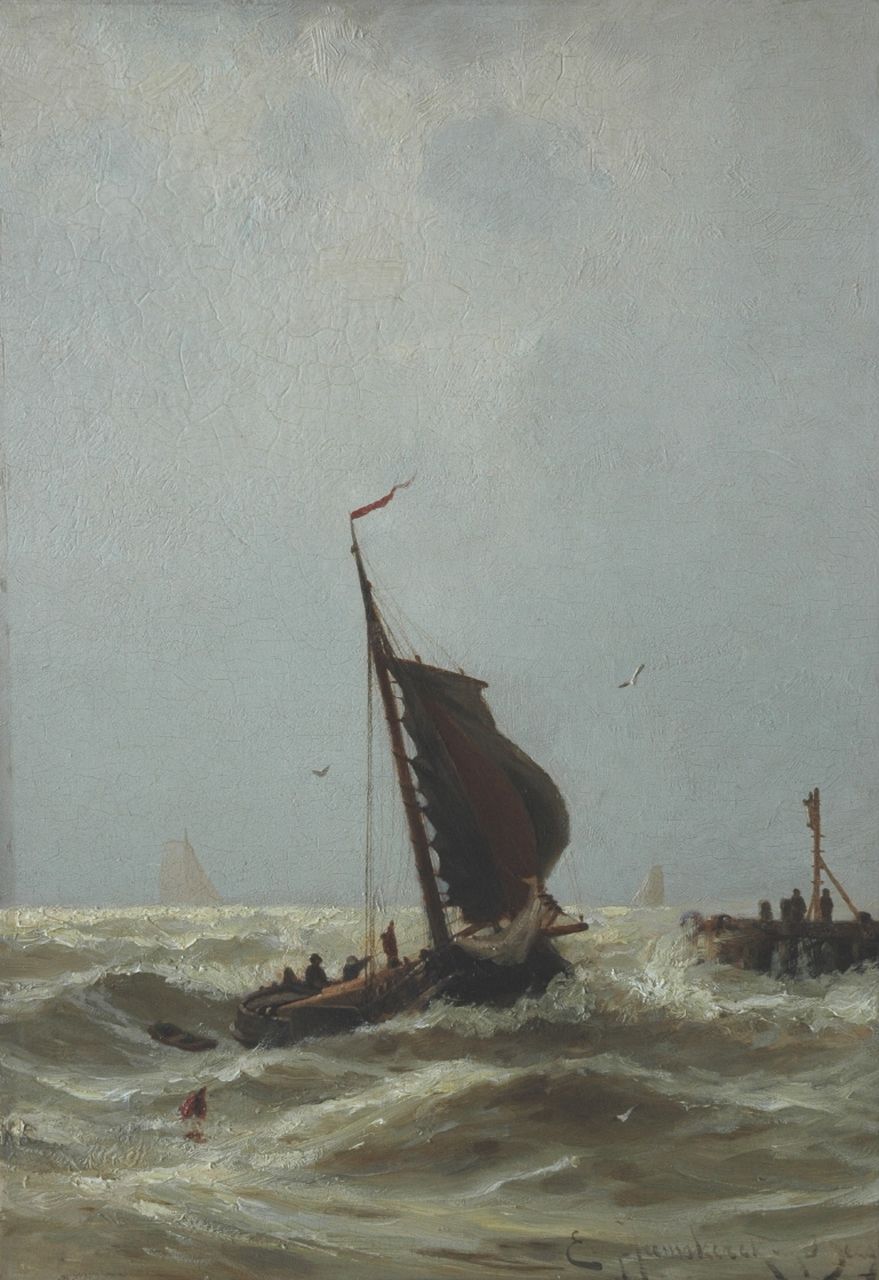 Heemskerck van Beest J.E. van | Jacob Eduard van Heemskerck van Beest, Zeilschip op woelige zee bij een havenhoofd, olieverf op paneel 50,1 x 34,9 cm, gesigneerd rechtsonder