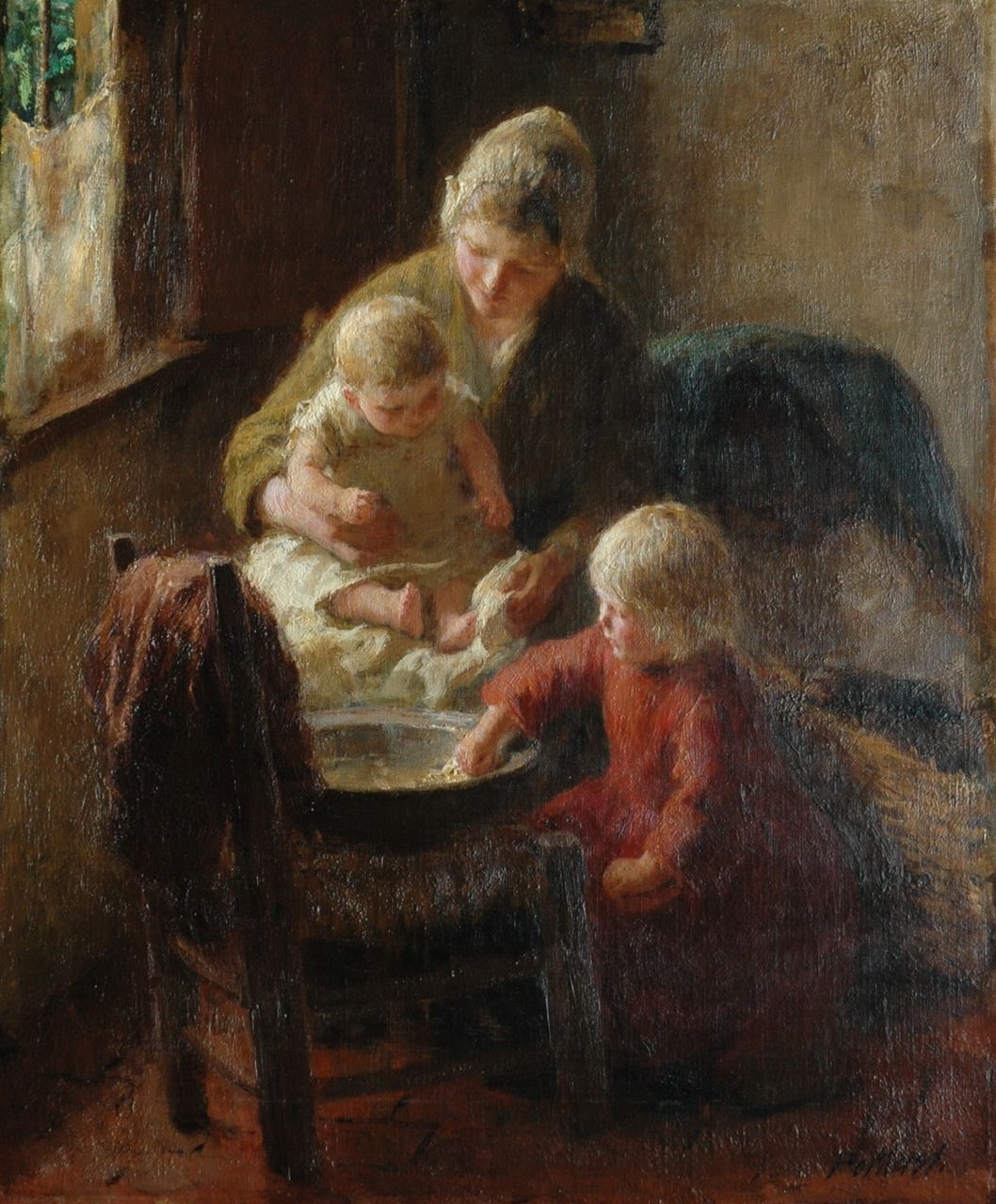 Pothast B.J.C.  | 'Bernard' Jean Corneille Pothast, Samen de baby wassen, olieverf op doek 55,1 x 45,7 cm, gesigneerd rechtsonder