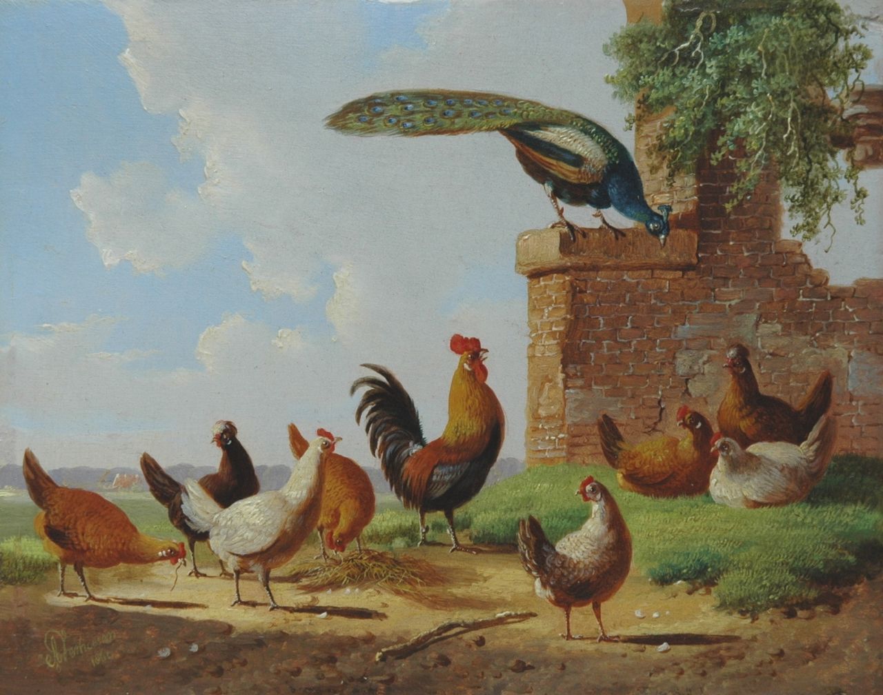Verhoesen A.  | Albertus Verhoesen, Pluimvee en pauw bij een ruïne, olieverf op paneel 13,2 x 16,7 cm, gesigneerd linksonder en gedateerd 1869