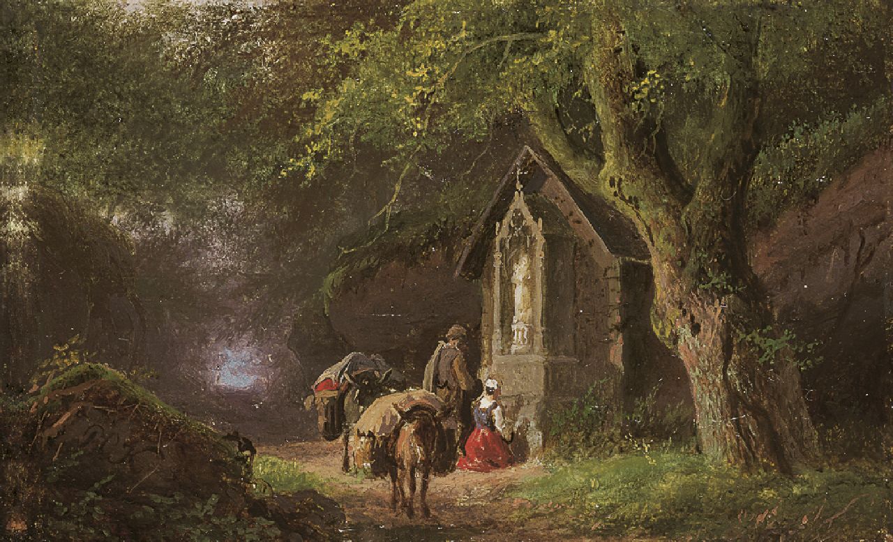Koekkoek B.C.  | Barend Cornelis Koekkoek, Reizigers bij een Maria-kapelletje in het bos, olieverf op koper 5,7 x 9,0 cm, gesigneerd linksonder met initialen en te dateren ca. 1845-1849