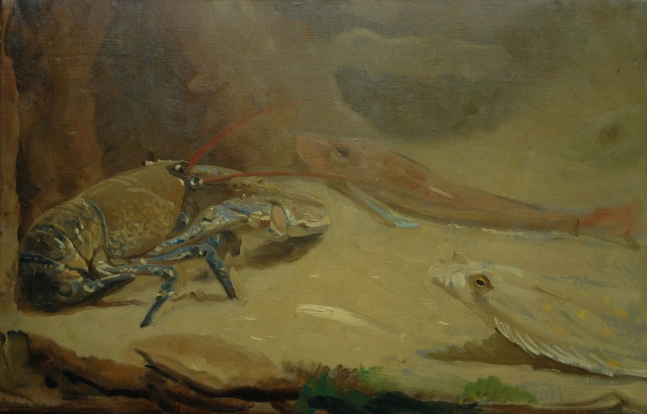 Dijsselhof G.W.  | Gerrit Willem Dijsselhof, Aquarium met zeekreeft, schol en karper, olieverf op doek 37,3 x 58,0 cm, gesigneerd linksonder met monogram