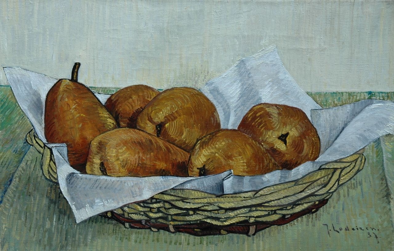 Lodeizen J.  | Johannes 'Jo' Lodeizen, Mandje met peren, olieverf op doek 28,7 x 43,6 cm, gesigneerd rechtsonder en gedateerd '37