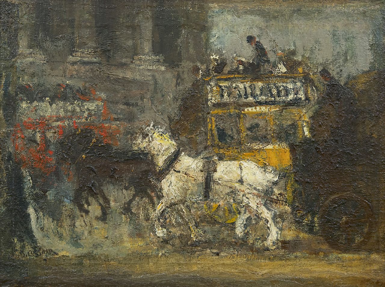 Cossaar J.C.W.  | Jacobus Cornelis Wyand 'Ko' Cossaar, Londense paardentram, olieverf op doek op paneel 31,2 x 41,8 cm, gesigneerd linksonder