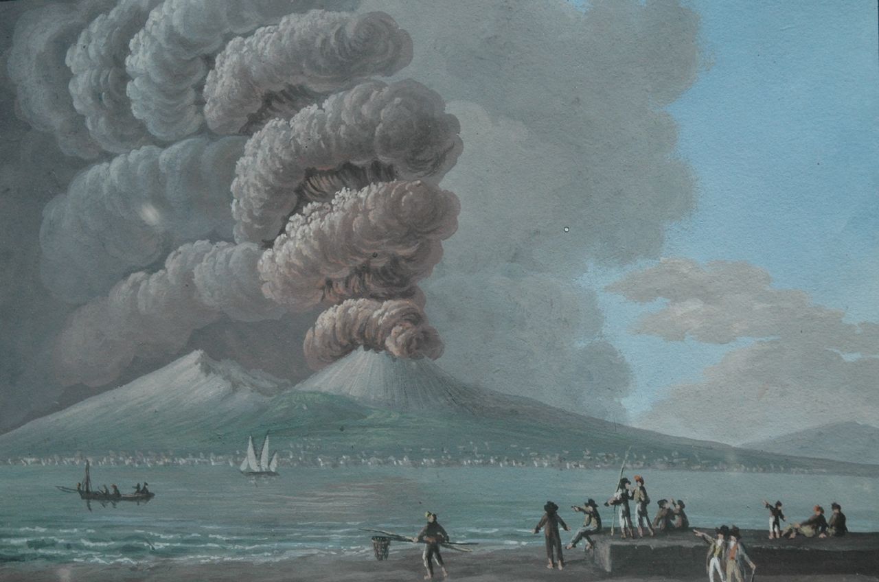 Italiaanse School, 19e eeuw   | Italiaanse School, 19e eeuw, Uitbarsting van de Vesuvius bij dag, op 19 juni 1794, gouache op papier 23,5 x 29,0 cm