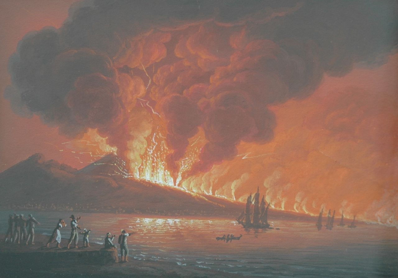 Italiaanse School, 19e eeuw   | Italiaanse School, 19e eeuw, Uitbarsting van de Vesuvius bij nacht, op 15 juni 1794, gouache op papier 23,5 x 29,0 cm