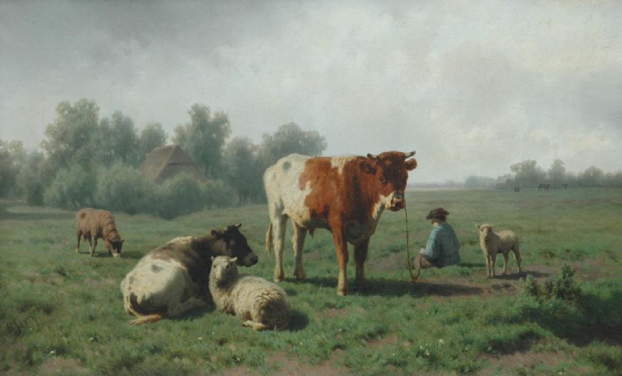 Savrij H.  | Hendrik Savrij, Zomers weidelandschap met boer en vee, olieverf op doek 50,0 x 82,0 cm, gesigneerd linksonder