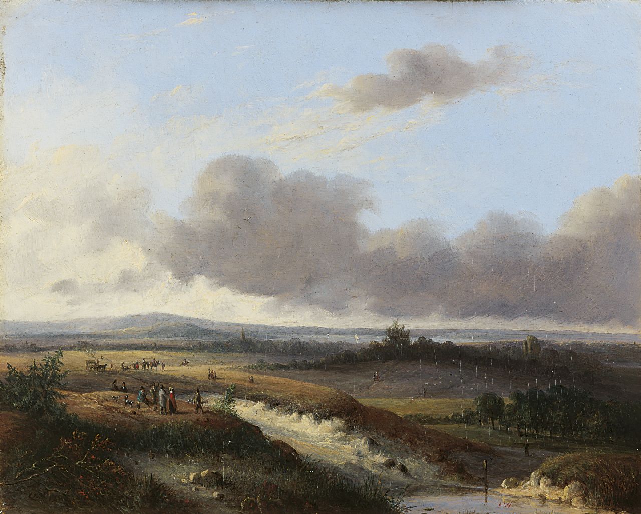 Weerts C.A.  | Coenraad Alexander Weerts, Jachtpartij in een uitgestrekt heuvellandschap, olieverf op paneel 22,5 x 28,2 cm, gesigneerd linksonder en rechtsonder met initialen