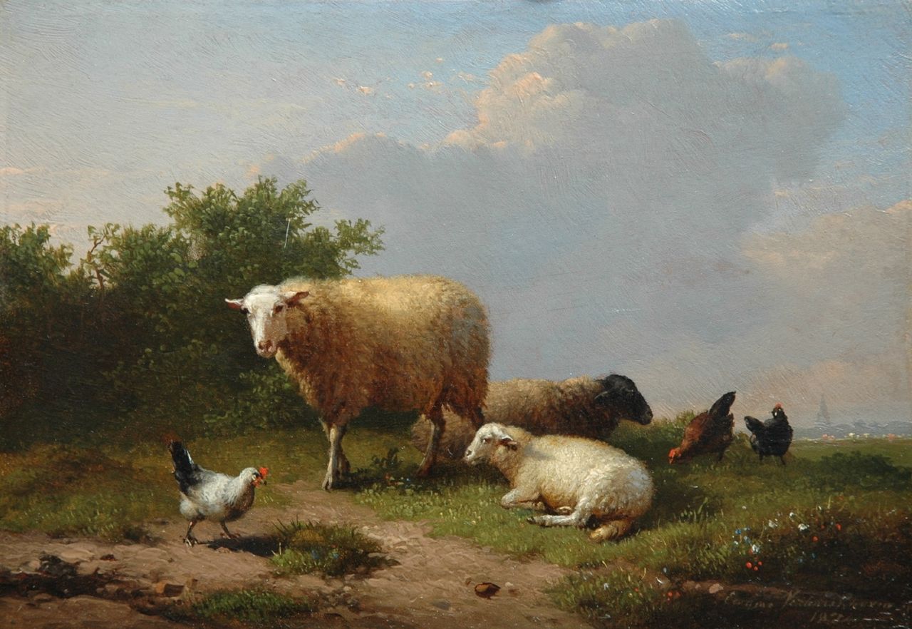 Verboeckhoven E.J.  | Eugène Joseph Verboeckhoven, Schapen en pluimvee in een weidelandschap, olieverf op paneel 14,0 x 20,3 cm, gesigneerd rechtsonder en gedateerd 1874