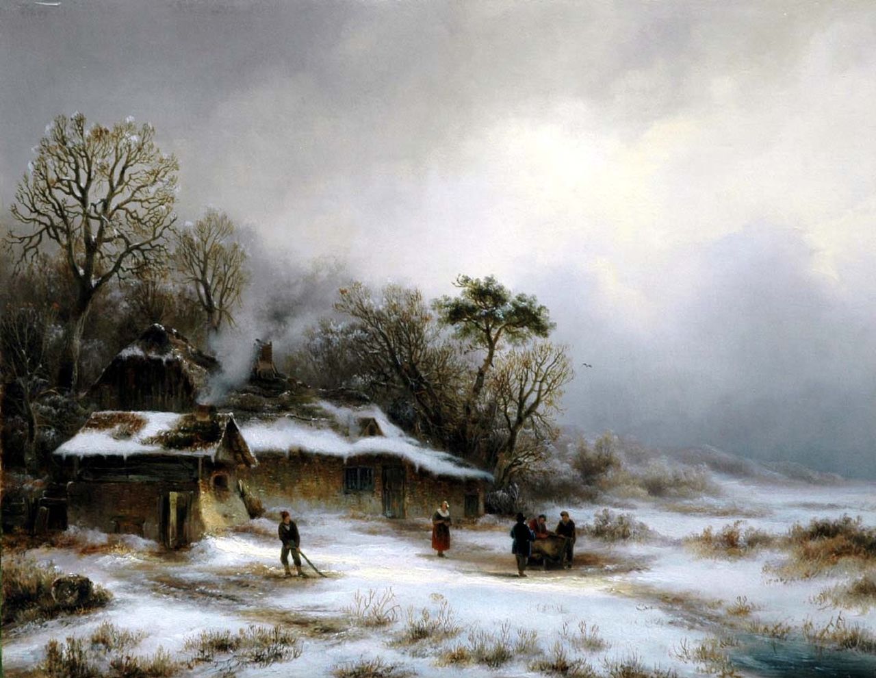 Braakman A.  | Anthonie 'Anton' Braakman, Boerenbehuizing in besneeuwd duinlandschap, olieverf op paneel 32,7 x 42,4 cm