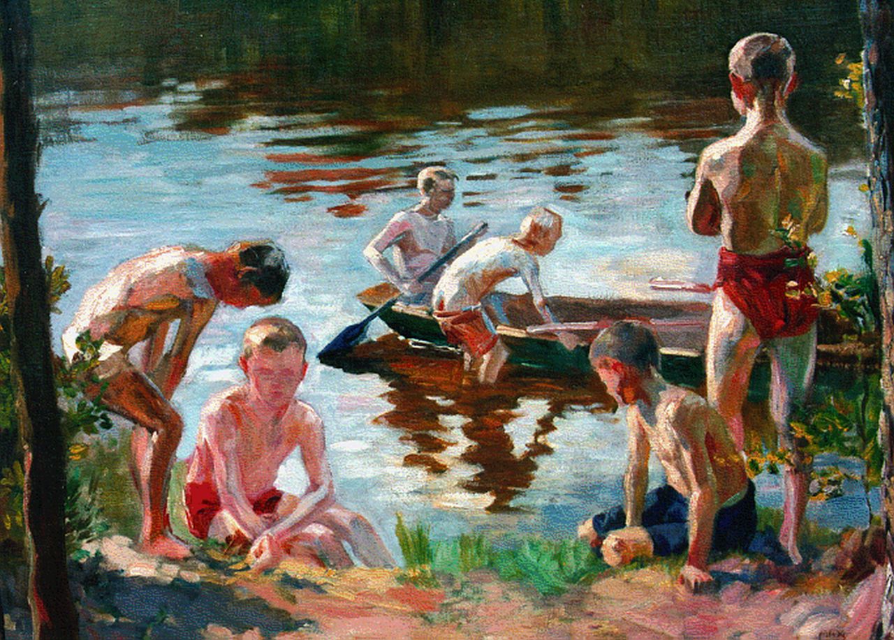 Vogel H.M.  | Heinrich 'Max' Vogel, Spelende jongens aan de rivieroever, olieverf op doek 52,0 x 64,0 cm, gesigneerd rechtsonder