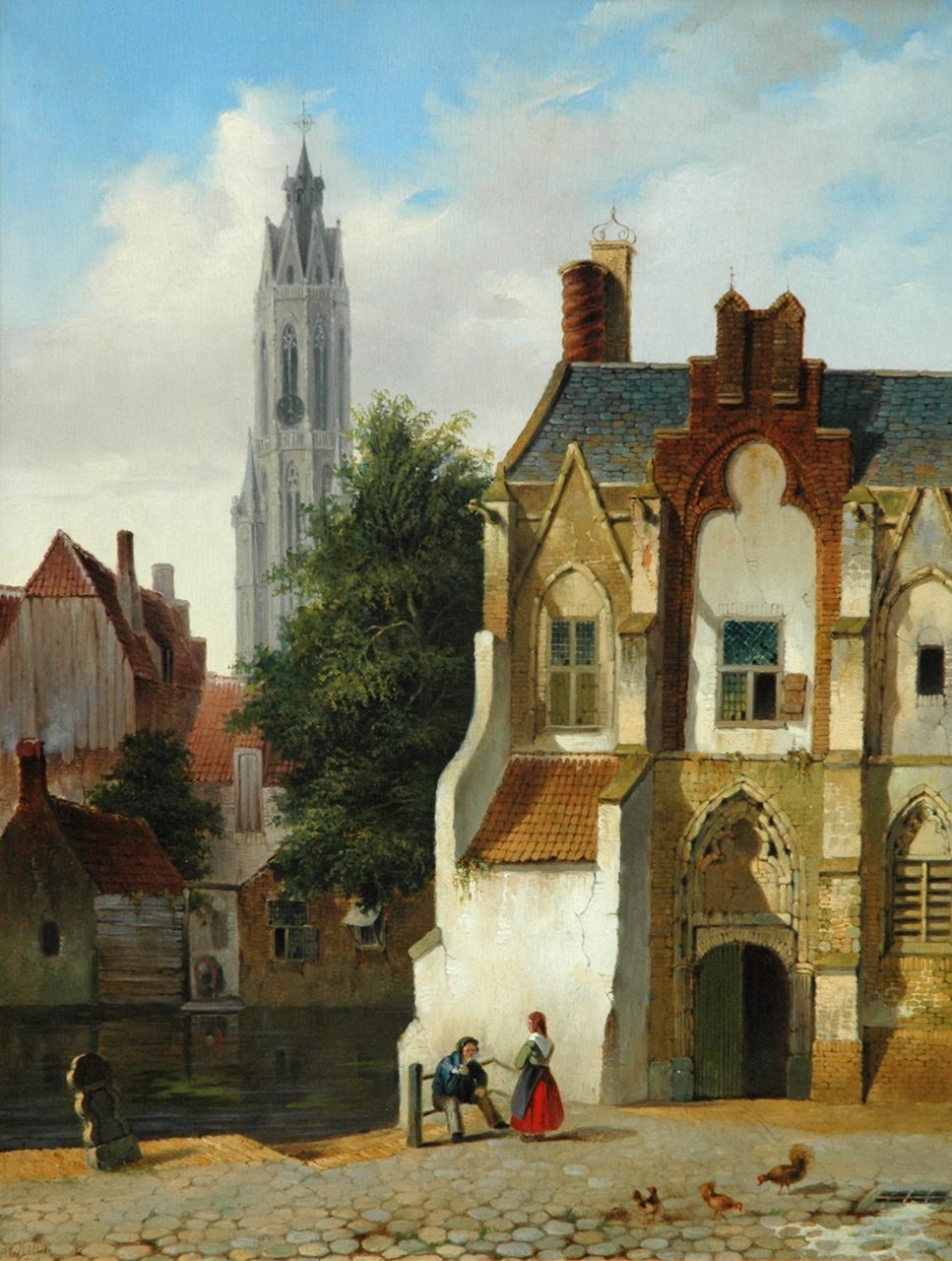 Vertin P.G.  | Petrus Gerardus Vertin, Zomers gezicht op Delft - met de Nieuwe Kerk (pendant van 9393 - alleen tezamen), olieverf op paneel 51,1 x 39,7 cm, gesigneerd linksonder en gedateerd 1838