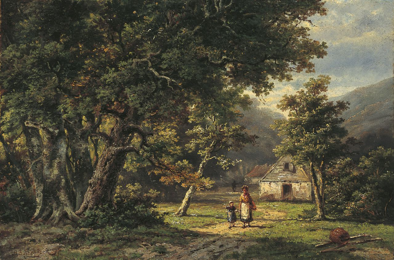 Koekkoek B.H.  | Barend Hendrik 'H.B.' Koekkoek, Moeder en kind op een pad in een bosrijke vallei, olieverf op doek 31,0 x 46,5 cm, gesigneerd linksonder