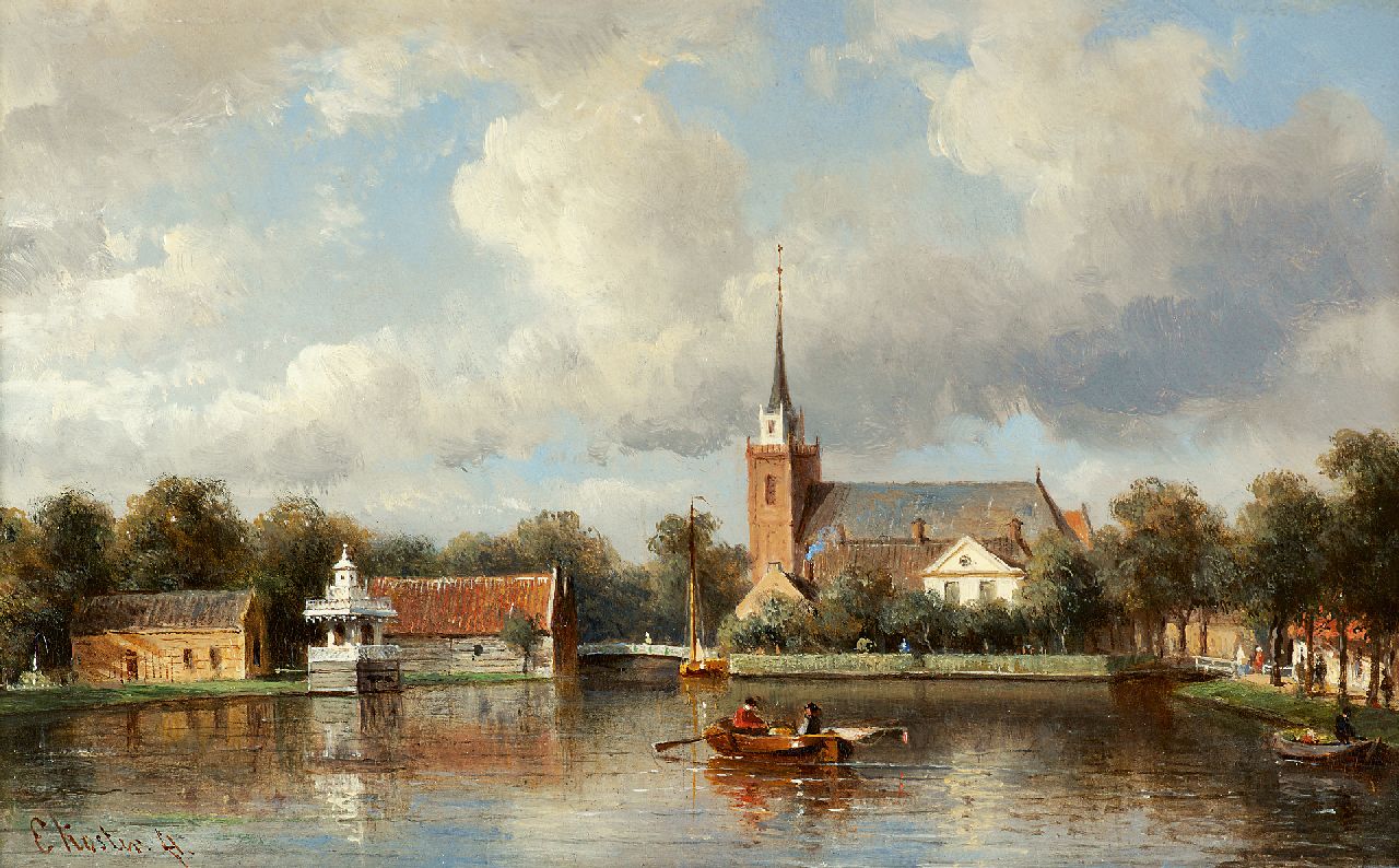 Koster E.  | Everhardus Koster, Roeiers op het Havenrak, Broek in Waterland, olieverf op paneel 18,7 x 30,5 cm, gesigneerd linksonder