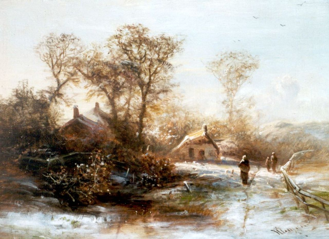 Kluyver P.L.F.  | 'Pieter' Lodewijk Francisco Kluyver, Boerenvolk in een winters boslandschap, olieverf op paneel 19,5 x 26,0 cm, gesigneerd rechtsonder