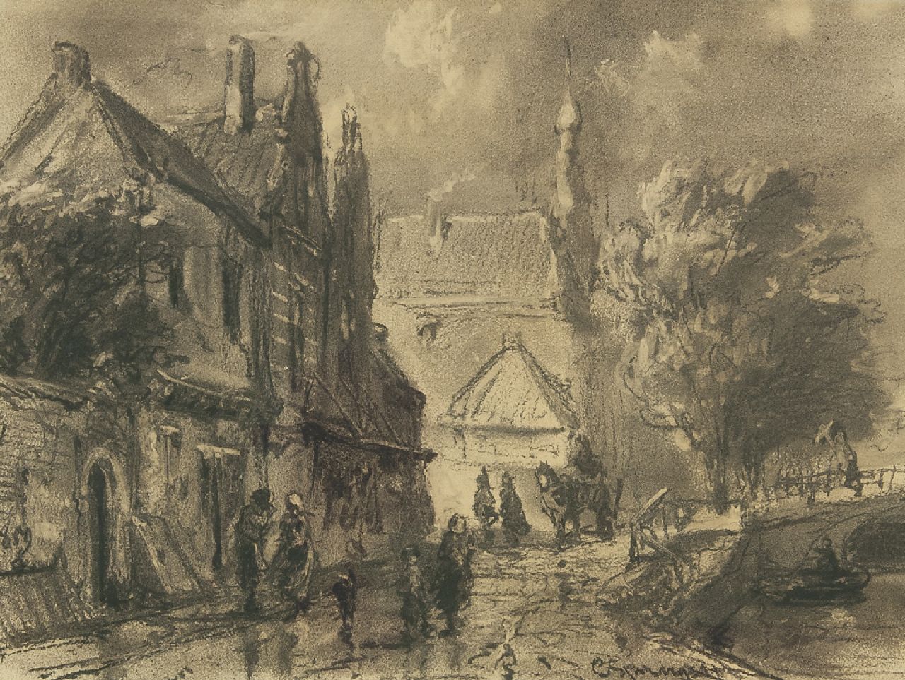 Springer C.  | Cornelis Springer, Gezicht op de Raamgracht te Haarlem, houtskool op papier 31,0 x 40,1 cm, gesigneerd rechtsonder en gedateerd 1859