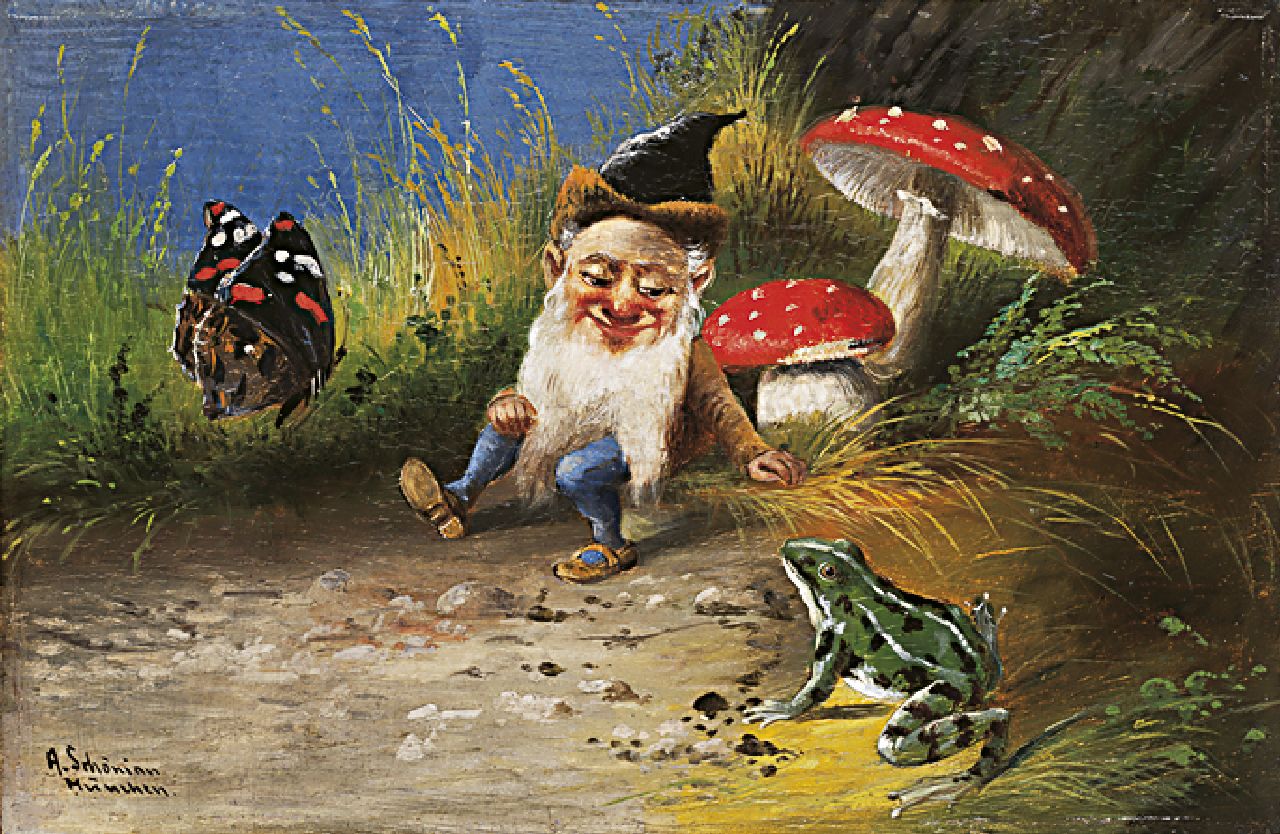 Schönian A.  | Alfred Schönian, Kabouter en kikker, olieverf op paneel 15,7 x 23,9 cm, gesigneerd linksonder