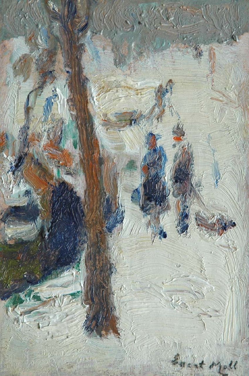 Moll E.  | Evert Moll, Wandelaars op een besneeuwde kade, olieverf op paneel 18,2 x 12,1 cm, gesigneerd rechtsonder