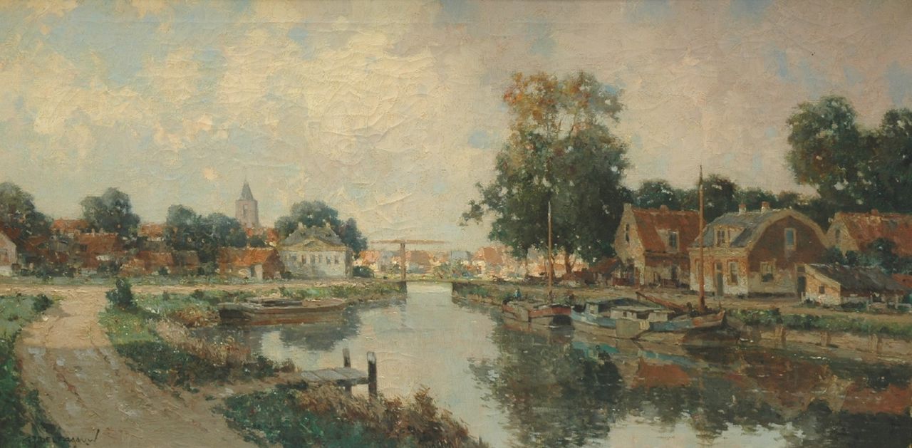 Delfgaauw G.J. | Gerardus Johannes 'Gerard' Delfgaauw, Gezicht op een rivierdorp, olieverf op doek 60,1 x 120,0 cm, gesigneerd linksonder Delfgaauw G.J. | Gerardus Johannes 'Gerard' Delfgaauw, Gezicht op een rivierdorp, olieverf op doek 60,1 x 120,0 cm, gesigneerd linksonder