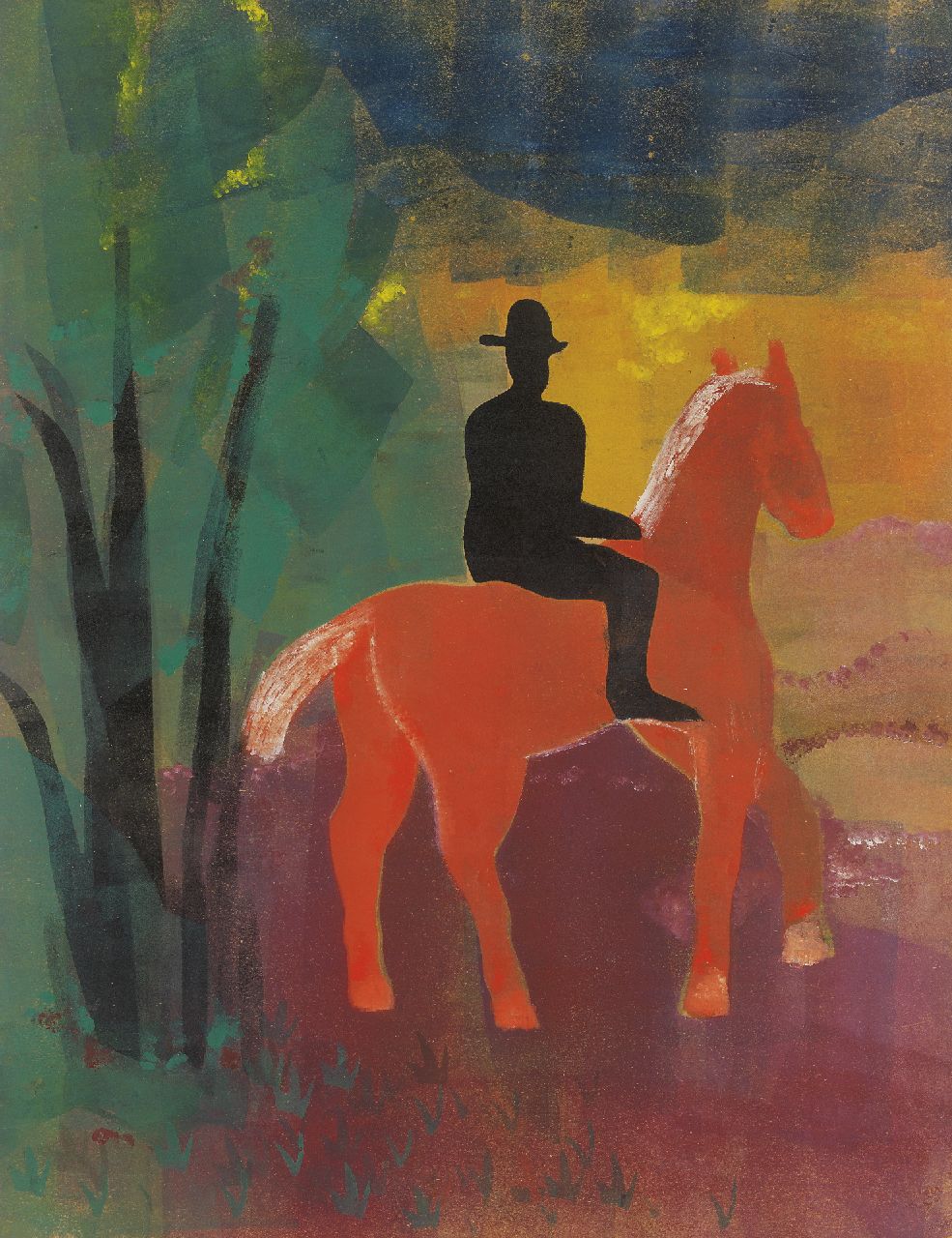 Werkman H.N.  | Hendrik Nicolaas Werkman, Rood paard met zwarte ruiter, sjabloon, inktrol, drukinkt op papier 65,0 x 50,0 cm, gedateerd 1944