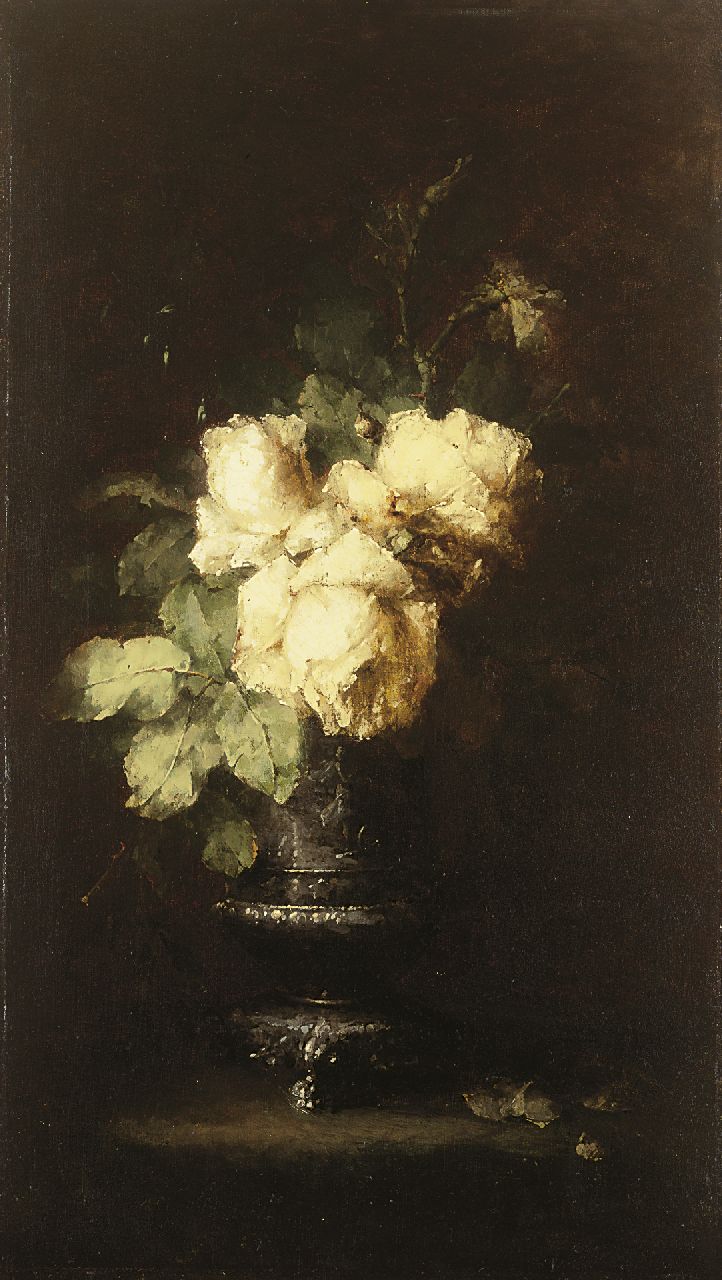 Roosenboom M.C.J.W.H.  | 'Margaretha' Cornelia Johanna Wilhelmina Henriëtta Roosenboom, Witte rozen, olieverf op doek 70,0 x 40,0 cm, gesigneerd rechtsonder