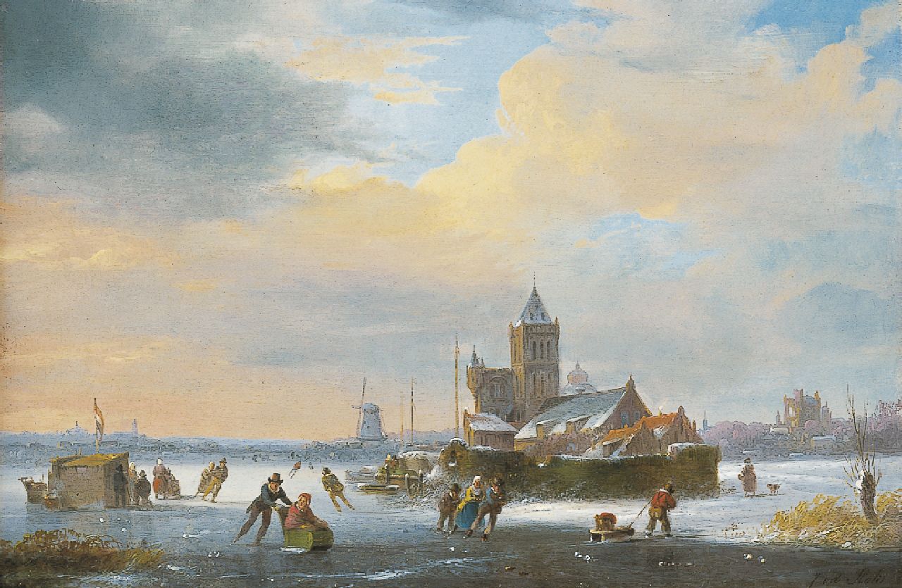Stok J. van der | Jacobus van der Stok, IJsvermaak met schaatsers en koek-en-zopie, olieverf op paneel 20,5 x 30,5 cm, gesigneerd rechtsonder