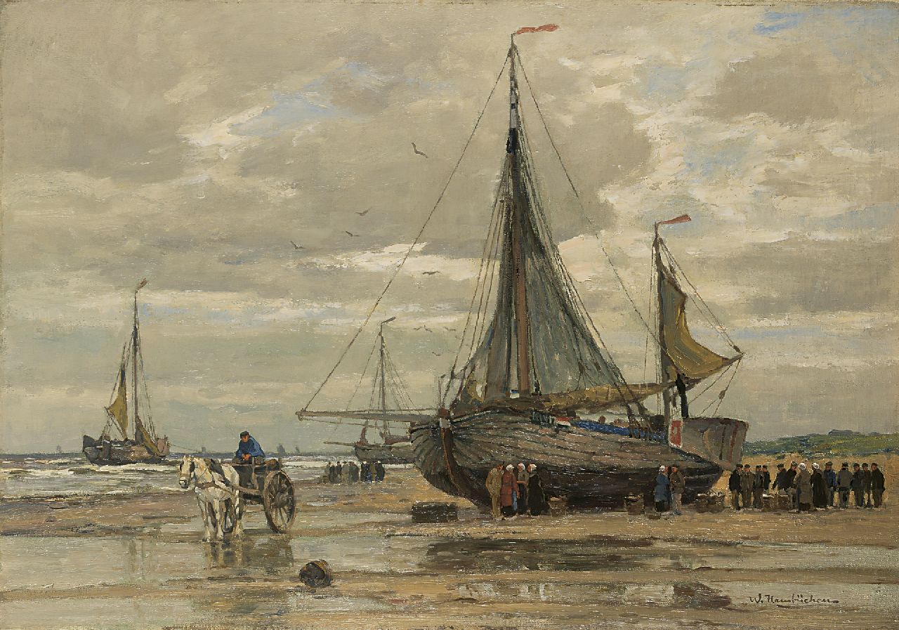 Hambüchen W.  | Wilhelm Hambüchen, Vissersvolk bij een bom op het strand van Katwijk, olieverf op doek 82,0 x 117,4 cm, gesigneerd rechtsonder
