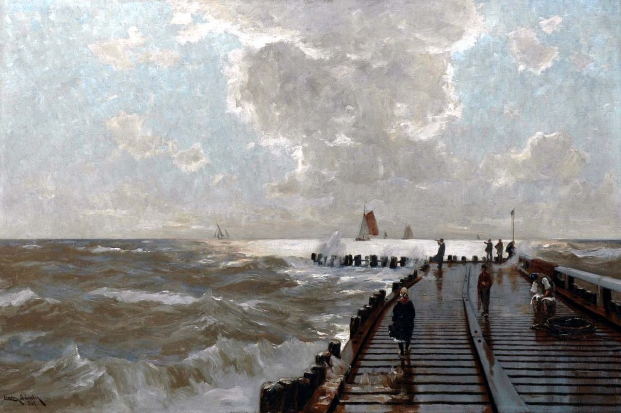 Günther E.C.W.  | 'Erwin' Carl Wilhelm Günther, Figuren op een havenhoofd bij stormachtig weer, olieverf op doek 80,0 x 120,8 cm, gesigneerd linksonder