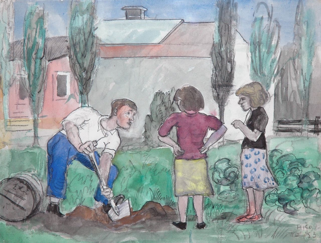 Kamerlingh Onnes H.H. | 'Harm' Henrick Kamerlingh Onnes, De tuinman, zwart krijt, pen en inkt en aquarel op papier 25,5 x 32,7 cm, gesigneerd rechtsonder met initialen en gedateerd '53 Kamerlingh Onnes H.H. | 'Harm' Henrick Kamerlingh Onnes, De tuinman, zwart krijt, pen en inkt en aquarel op papier 25,5 x 32,7 cm, gesigneerd rechtsonder met initialen en gedateerd '53