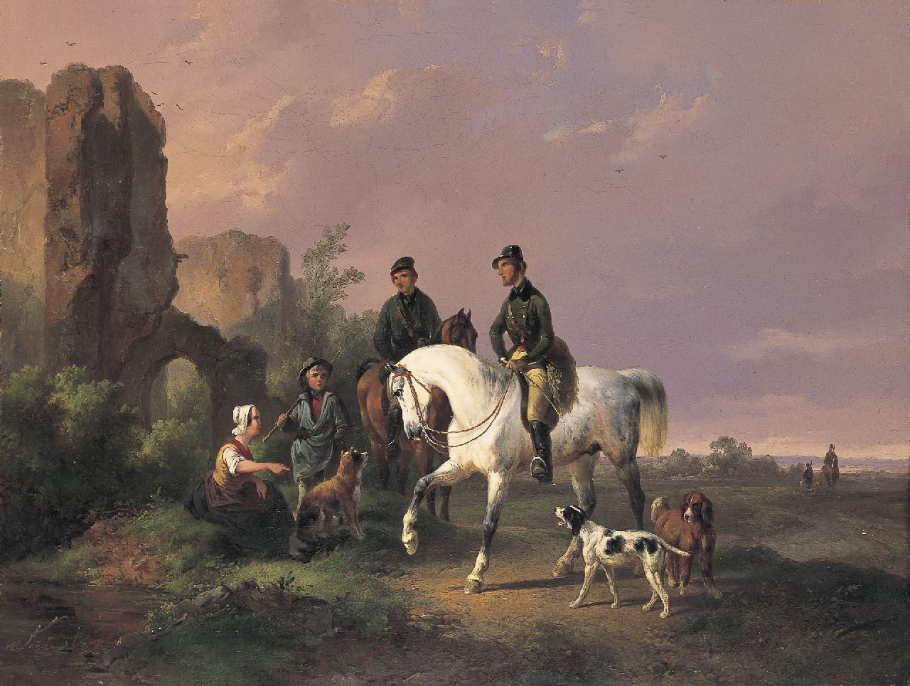 Verschuur W.  | Wouterus Verschuur, Jachtgezelschap en landvolk bij een ruïne, olieverf op doek 30,8 x 41,1 cm, gesigneerd middenonder en gedateerd 1845