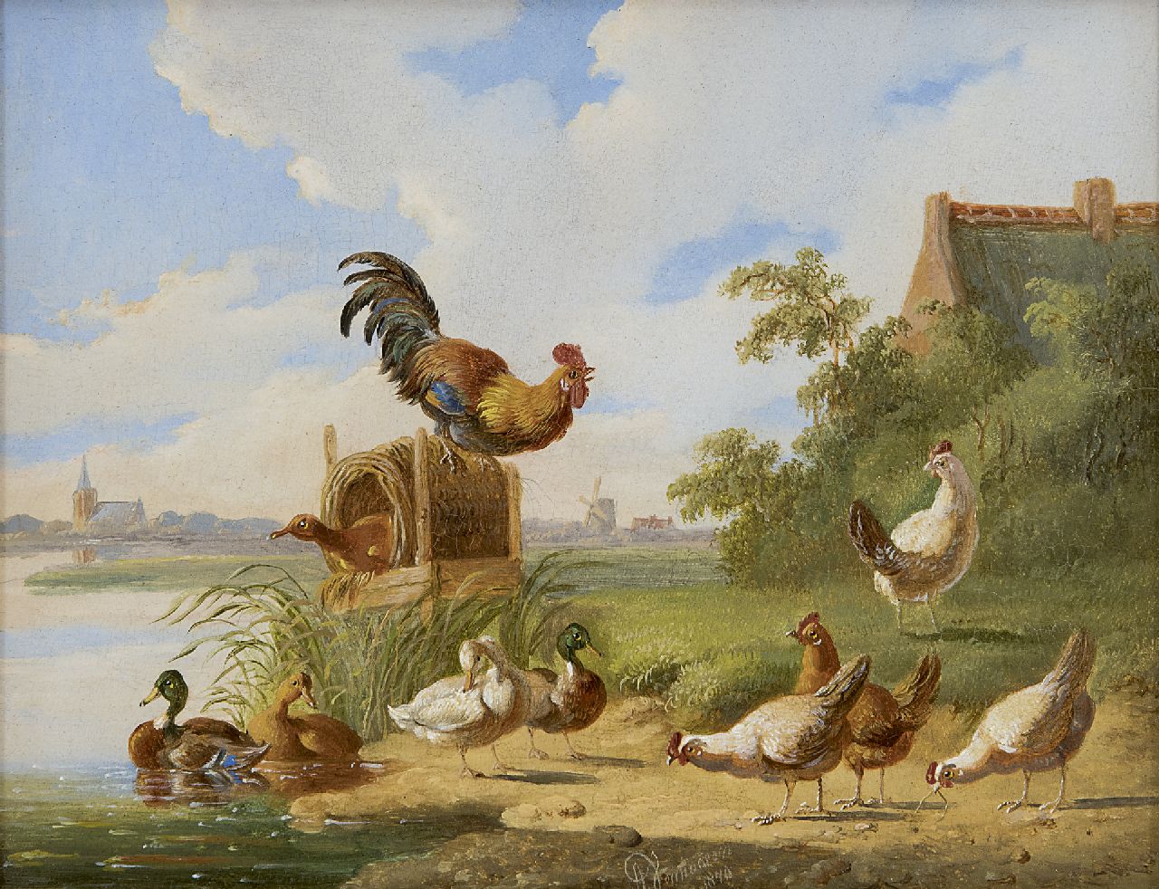 Verhoesen A.  | Albertus Verhoesen, Haan, kippen en eenden op een Hollandse rivieroever, olieverf op paneel 14,7 x 18,7 cm, gesigneerd middenonder en gedateerd 1870