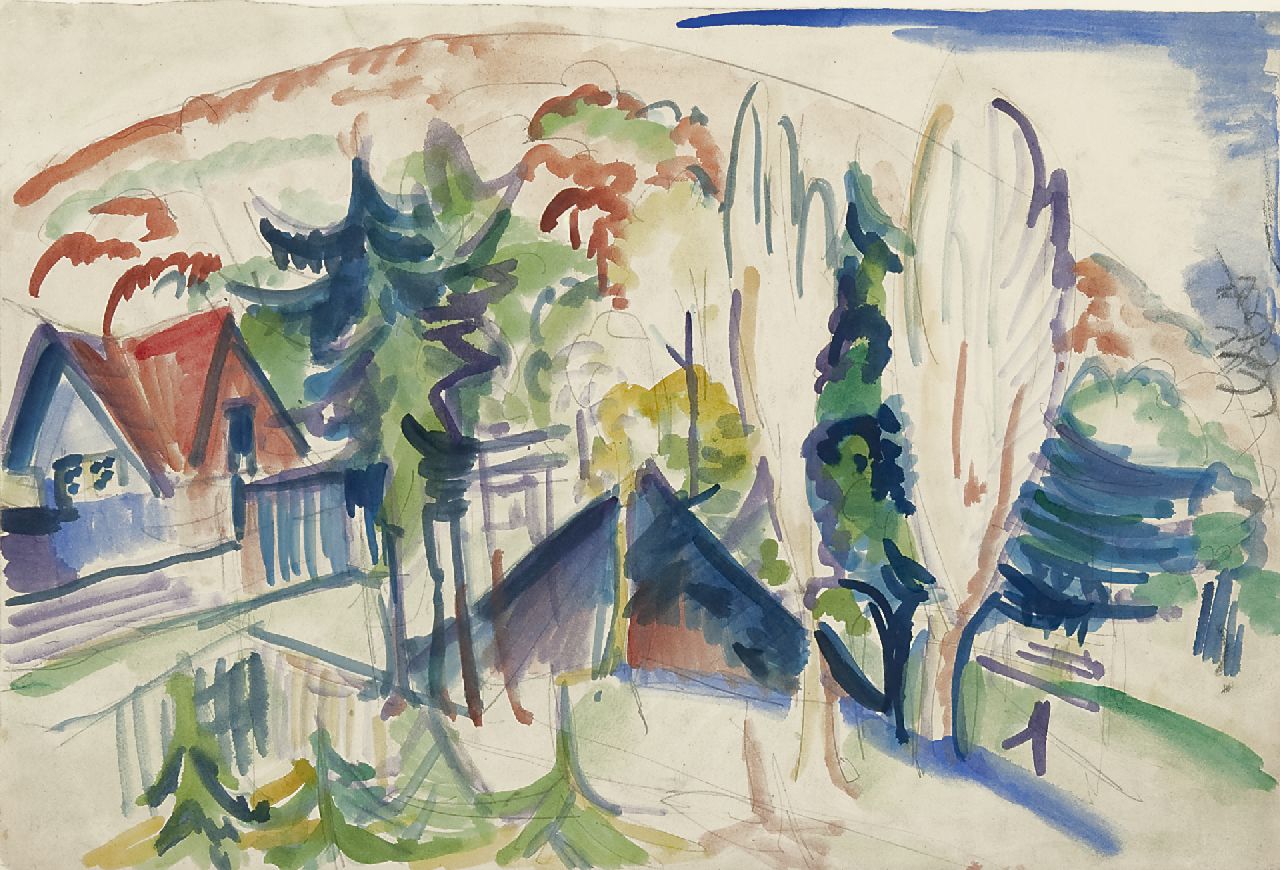 Kirchner E.L.  | Ernst Ludwig Kirchner, Dorp in het Taunusgebergte, potlood, krijt en aquarel op papier 38,3 x 56,6 cm, te dateren 1916