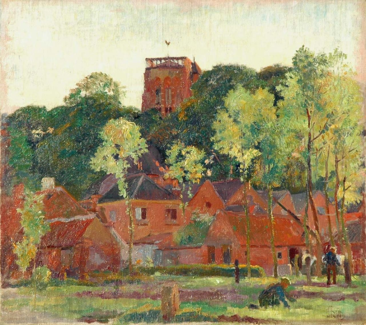 Luns H.M.  | Hubert Marie 'Huib' Luns, Vughtse toren en kerk in de zomer, olieverf op doek op board 46,3 x 52,0 cm, gesigneerd rechtsonder en gedateerd 1928